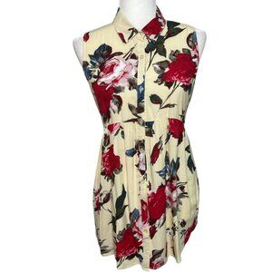Umgee Red Rose Yellow Sleeveless Button-Down Shirt Dress - Women's Size Large‎